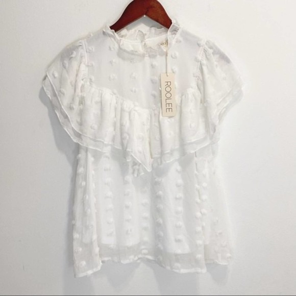 ROOLEE NWT White Ruffle Polka Dot Cap Sleeve Blouse Shirt M - Picture 2 of 11